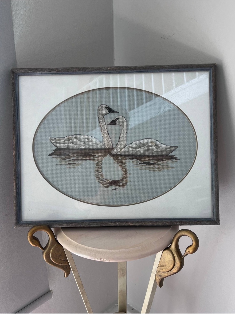 Handcrafted Swan Cross-Stitch Wall Art - Gray and White